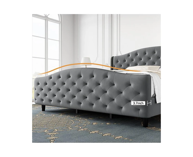gaomon Luxury Upholstered Bed Frame with Wingback Headboard, Velvet Platform Bed Frame Mattress Foundation with Wooden Slats, No Box Spring Needed, Gr