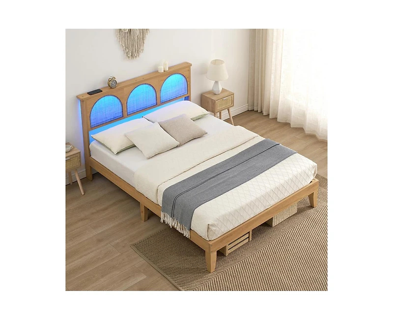 gaomon Full Bed Frame with Natural Rattan Headboard, Full Size Platform Bed Frame with Led Lights and Storage Headboard, Strong Wood Slats Support, No