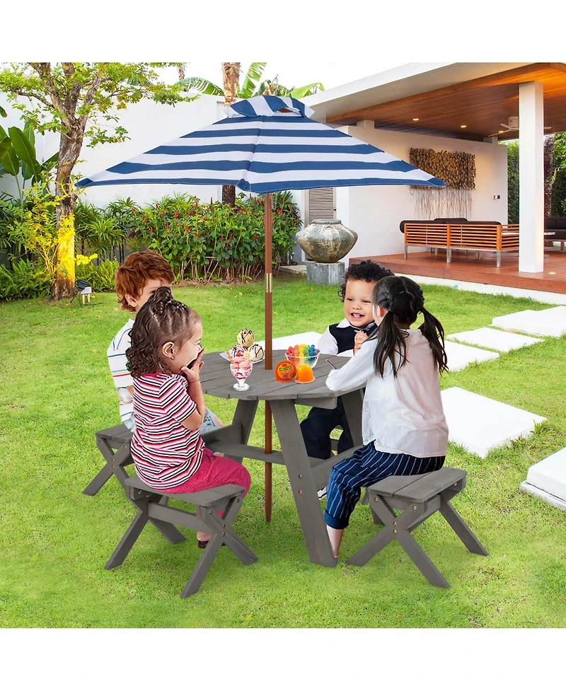 Kids Wooden Table Set with Octagon 4 Stools & Removable Adjustable Umbrella