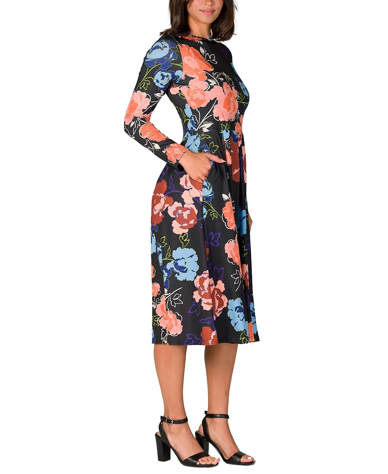 24seven Comfort Apparel Women's Black Floral Midi Length Long Sleeve Pocket Dress