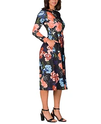 24seven Comfort Apparel Women's Black Floral Midi Length Long Sleeve Pocket Dress
