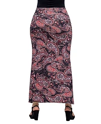 24seven Comfort Apparel Women's Paisley Print Fold Over Waist Maxi Skirt