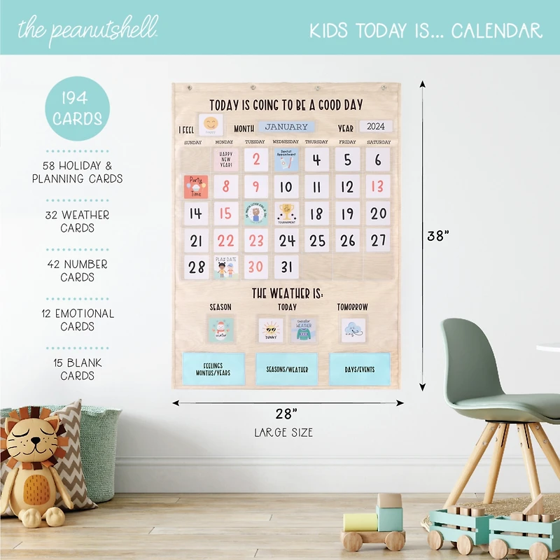 The Peanutshell Today Is A Good Day Educational Wall Calendar for Kids with Activities, Preschoolers Ages 3+, Jumbo Size 28"x38", Wood Grain Boho Clas