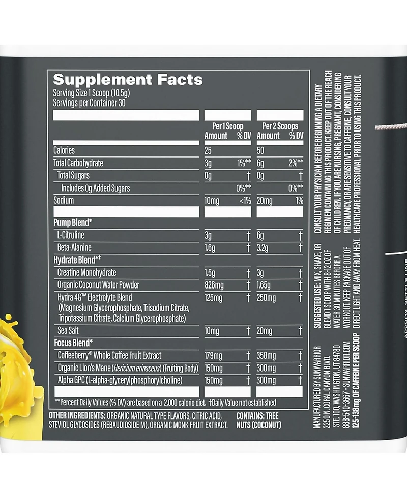 Sunwarrior Us Active Pre-Workout Tub, Yuzu Mango, 315gm