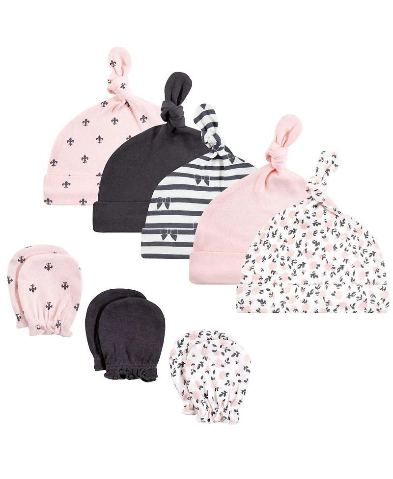 Hudson Baby Girls 8Pk Knotted Cap/Scratch Mitten Set