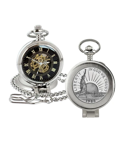 American Coin Treasures 16273 Statue of Liberty Commemorative Half Dollar Coin Pocket Watch with Skeleton Movement, Black Dial with Gold Roman Numeral