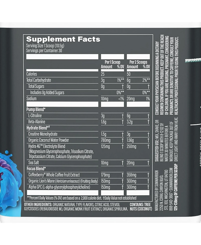 Sunwarrior Us Active Pre-Workout Tub, Blue Raspberry Pineapple, 315gm