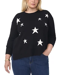 Vince Camuto Plus Cozy Crewneck Star-Print Dropped-Shoulder Sweater