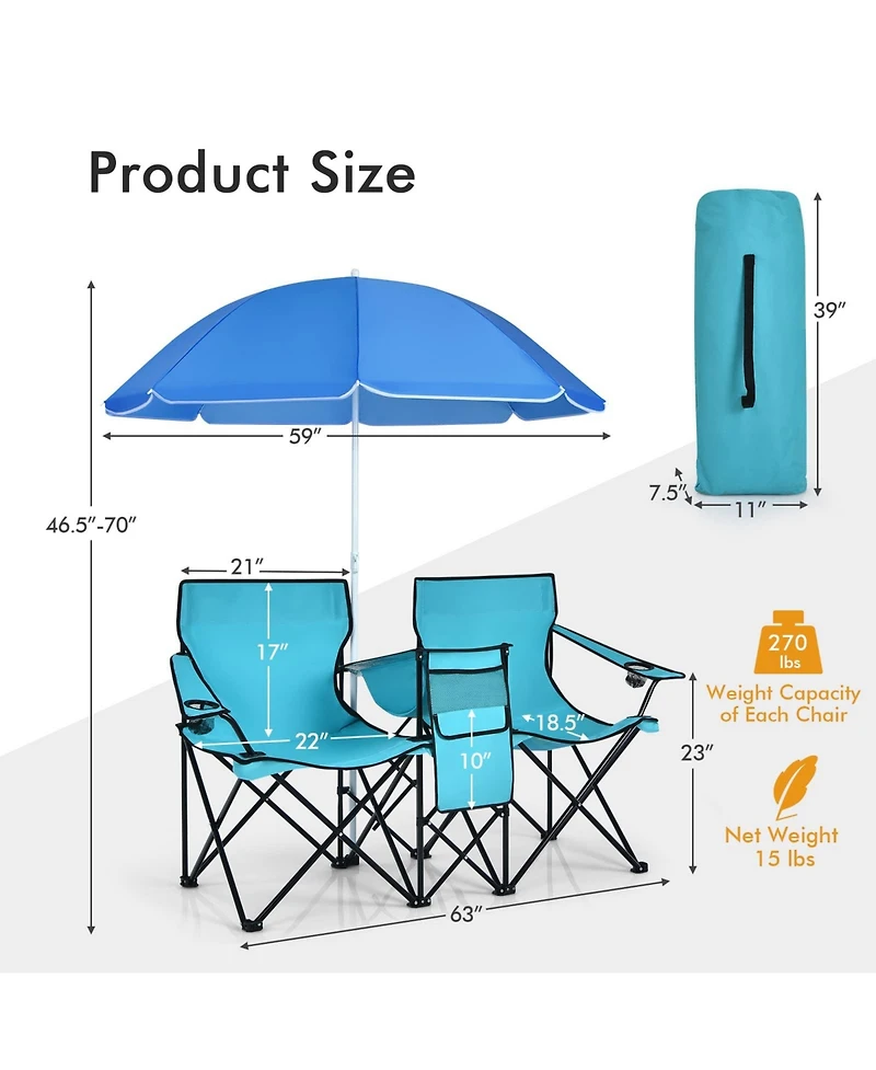 Vebreda Portable Folding Picnic Double Chair With Umbrella