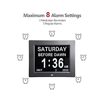 8" Large Digital Lcd Day Clock 6-Alarm Dimmable Calendar Dementia Home Wall Table Black