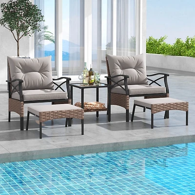 5 Pcs Patio Furniture Set with 2-Tier Coffee Table & 2 Ottomans Cushions Included