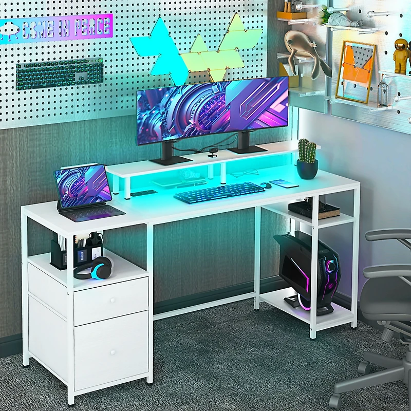 Homcom 61" Computer Desk with Led Lights, Power Outlets, Usb Ports,