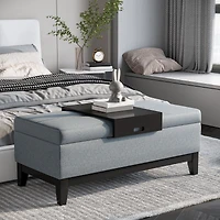 Fabric Upholste Storage Ottoman Recgular Bench Wood Leg Furniture W/Tray