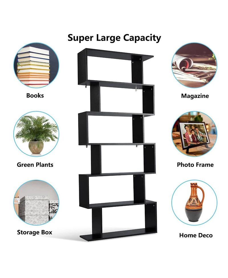 Gymax 6 Tier S-Shaped Bookcase Z-Shelf Style Storage Display Modern Bookshelf Black