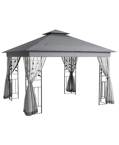 Outsunny 10' x 10' Metal Patio Gazebo, Double Canopy, Tree Motifs,