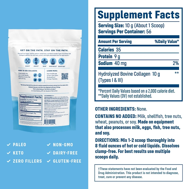 NativePath Collagen Peptides Protein - Hydrolyzed Type 1 & 3 Collagen Powder for Skin, Hair, Nails - 19.8 oz (56 Servings)