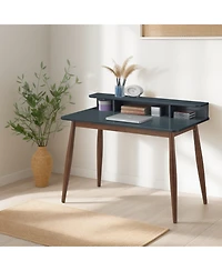 Simplie Fun Mid-Century Modern Wood Writing Desk with Hutch, Grey