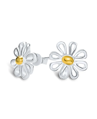 Bling Jewelry Summer Spring Time Two Tone Charm Sunflower Daisy Flower Stud Earring Yellow Gold Plated Sterling Silver
