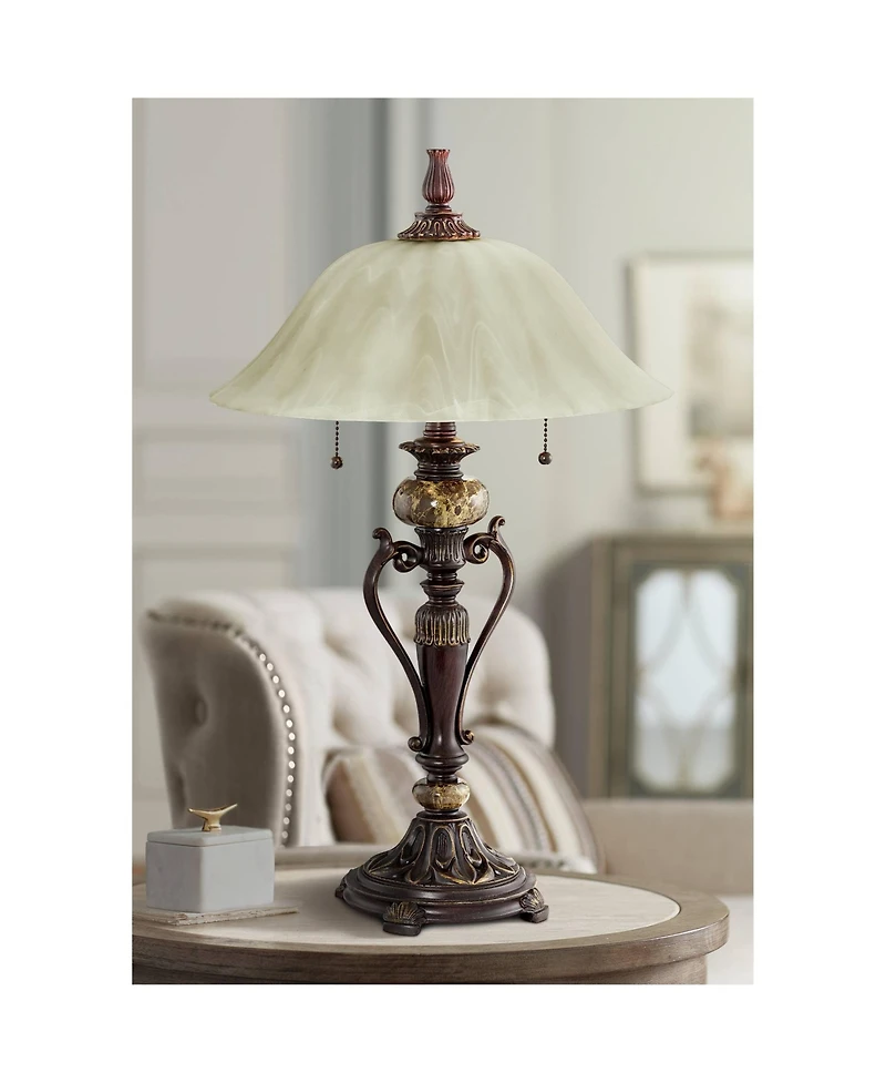 Kathy Ireland Amor Traditional Table Lamp 26" High Bronze Alabaster Champagne Glass Shade for Bedroom Living Room Bedside Nightstand Office Kids