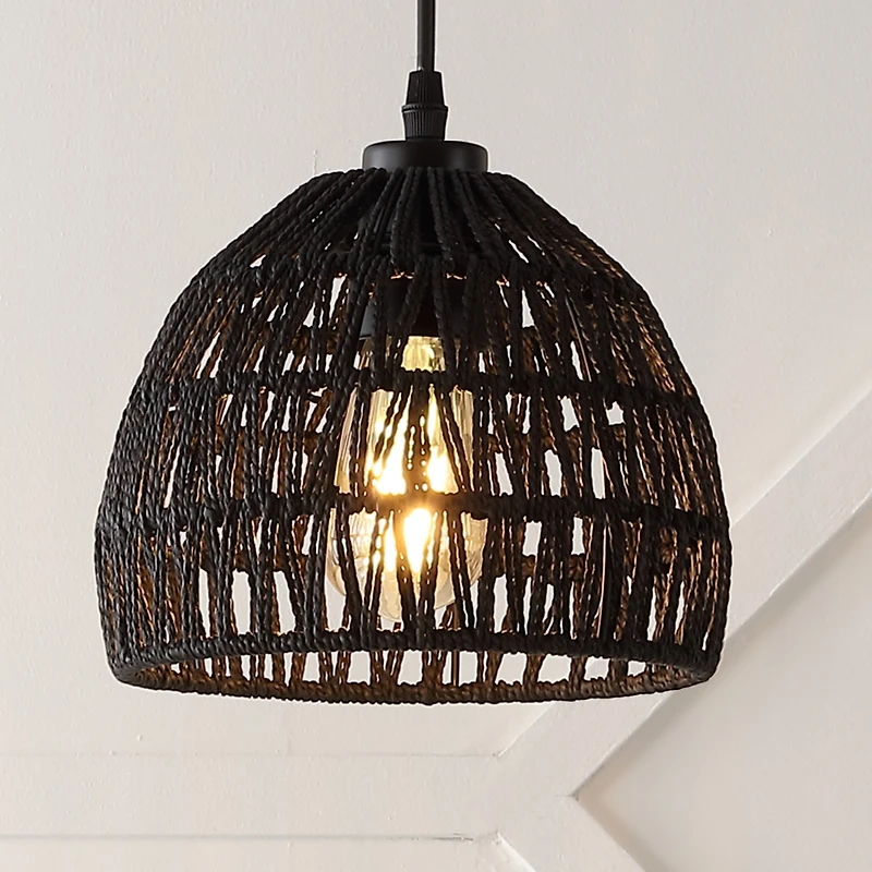 Jonathan Y Campana 8.25" 1-Light Bohemian Modern Woven Rope/Iron Led Pendant, White