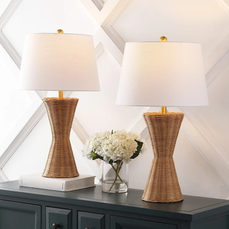 Jonathan Y Laura 27" Coastal Designer Iron/Rattan Wicker Led Table Lamp, Natural (Set of 2)