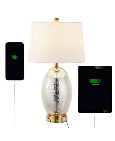 Jonathan Y Reese 26.5" 1-Outlet Contemporary Style Iron/Glass Led Table Lamp with Usb Charging Port, Silver/Brass Gold