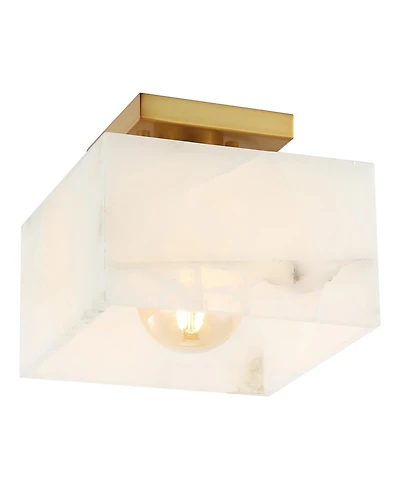 Jonathan Y Alessia 8" 1-Light Modern Contemporary Alabaster/Iron Square Led Semi Flush Mount, White Marbling/Brass Gold