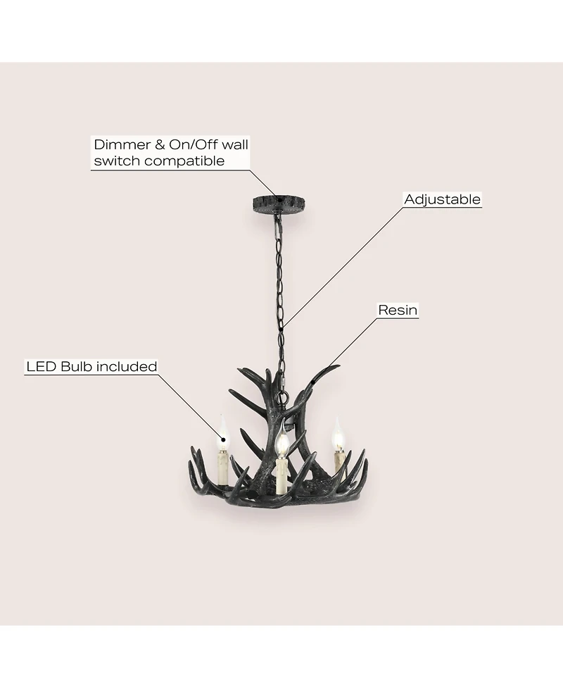 Jonathan Y Nelle 18" Adjustable Resin Antler 3-Light Dimmable Led Chandelier, Black