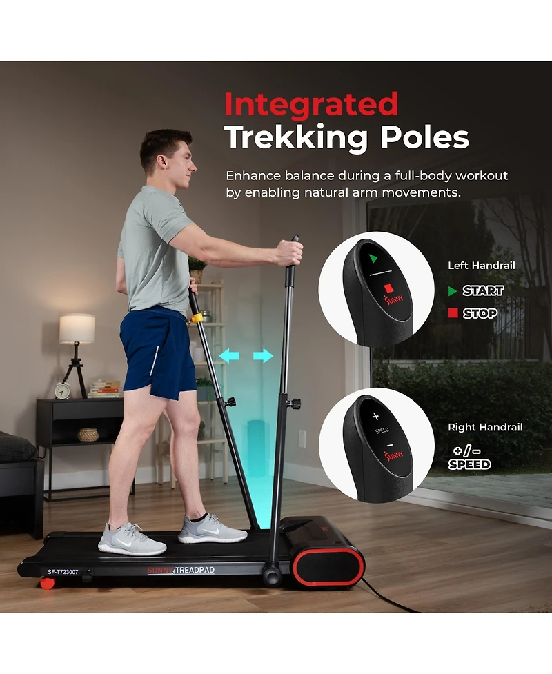 Sunny Health & Fitness Under Desk Smart Treadpad, Slim Walking Treadmill with Arm Exerciser