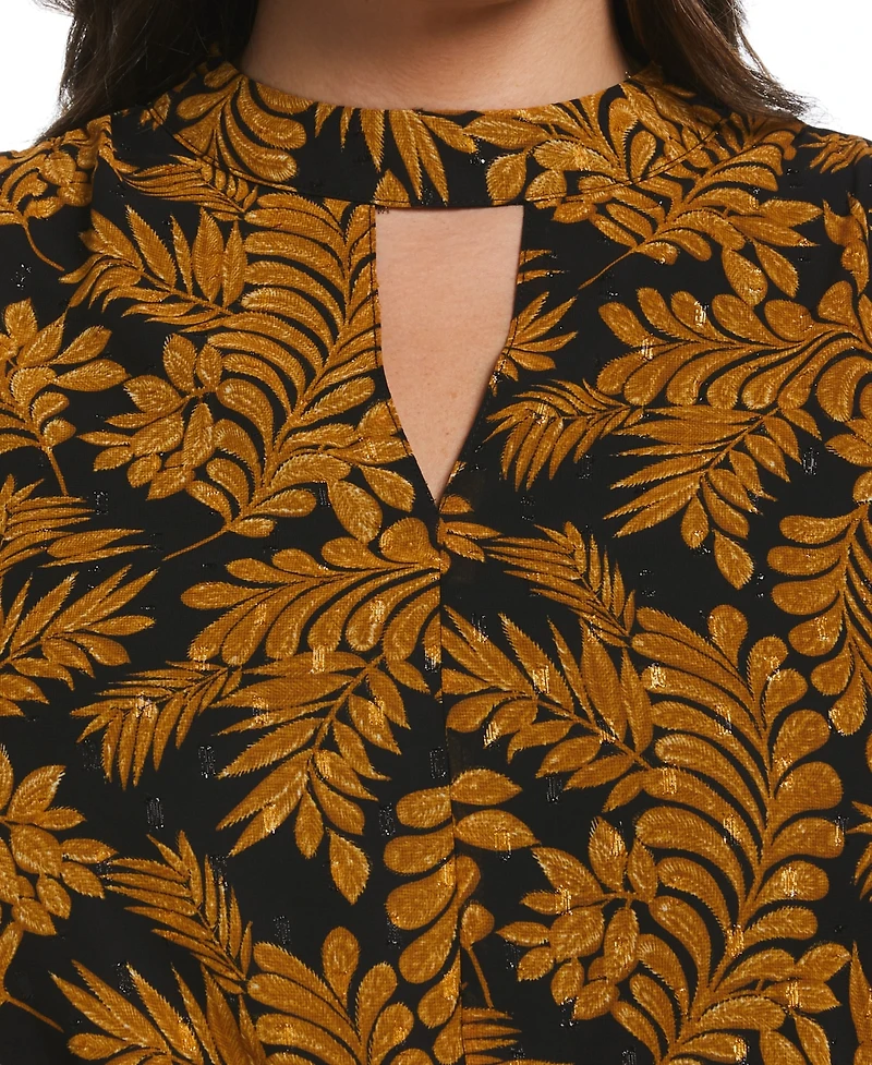 Ella Rafaella Plus Metallic Leaves Print Long Sleeve Dress
