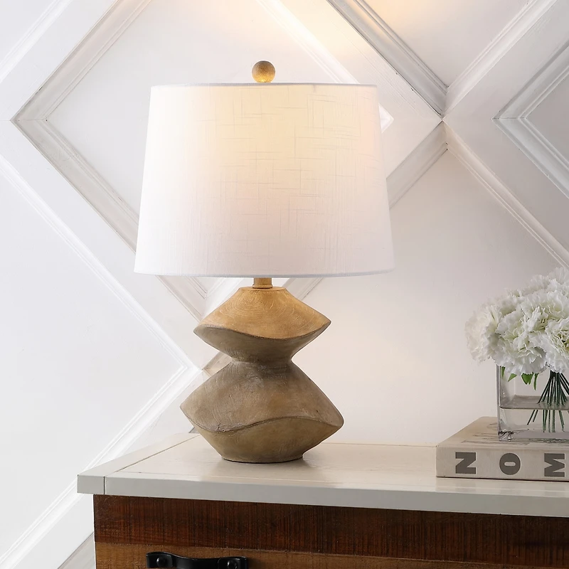 Jonathan Y Laken 21.5" Minimalist Coastal Resin/Iron 2-Stack Cairn Led Table Lamp, Brown Wood Finish