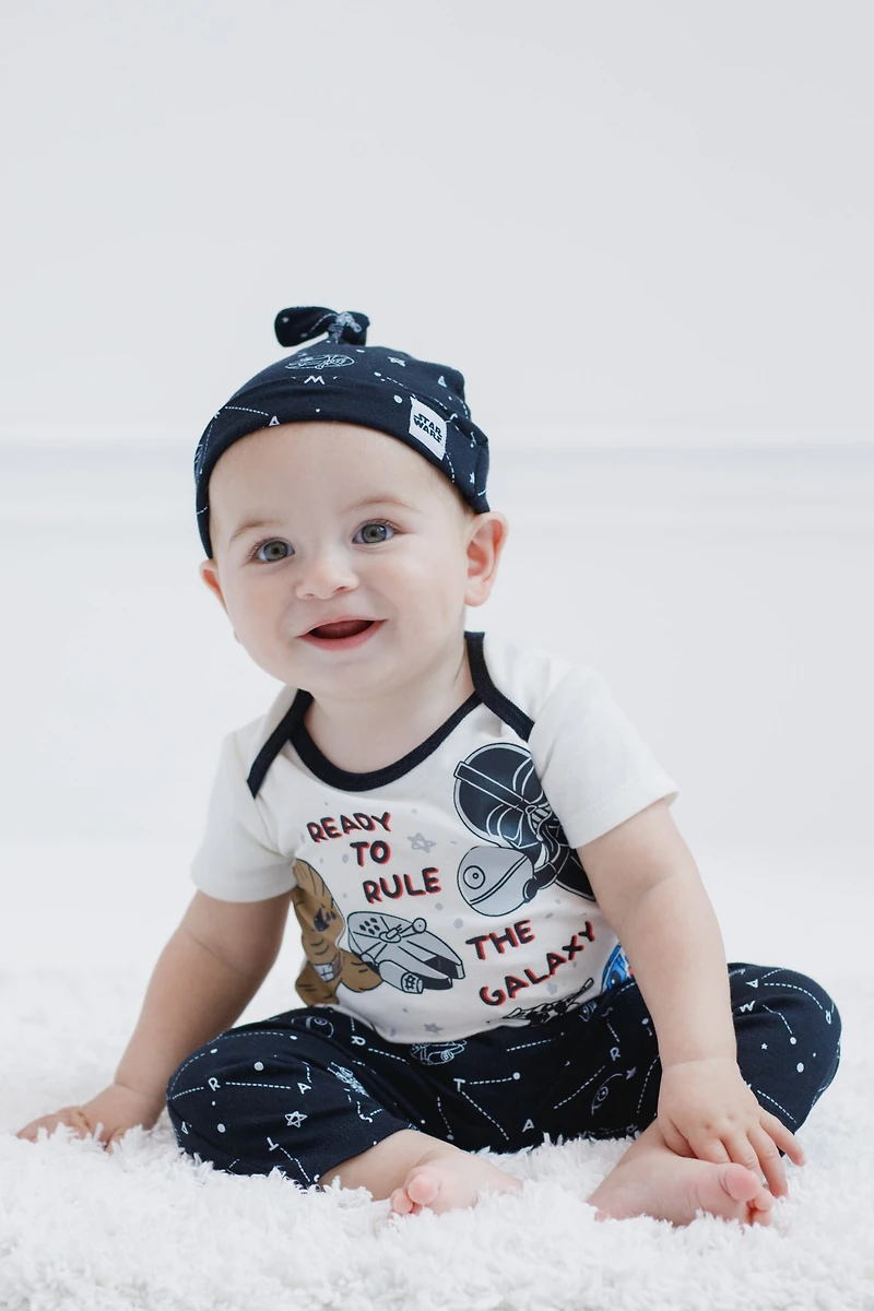 Starwars Baby Boys Star Wars The Mandalorian Baby Bodysuit Pants and Hat 3 Piece Outfit Set Newborn to