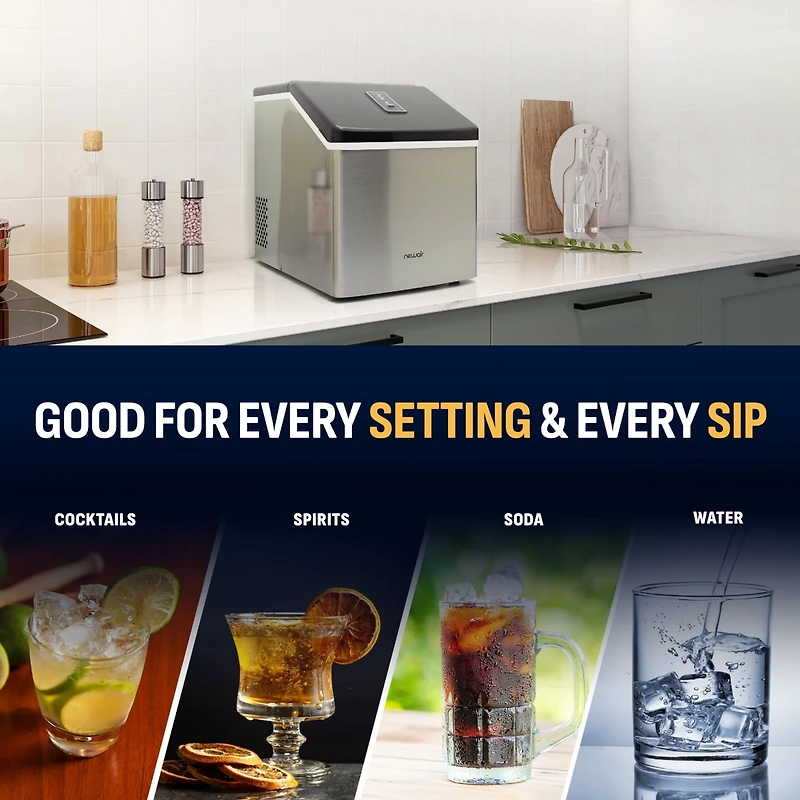 Newari Countertop Clear Ice Maker, 40 lbs. of Ice a Day with Easy to Clean Bpa-Free Parts, Perfect for Cocktails, Scotch, Soda and More