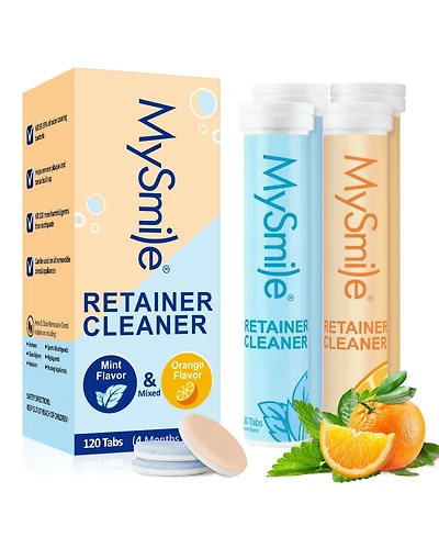 MySmile Retainer Cleaner with 120 Denture Cleaning Tablets, Quickly Remove Odors, Discoloration Stains & Plaque from Aligner, Mouth Guard, Night Guard