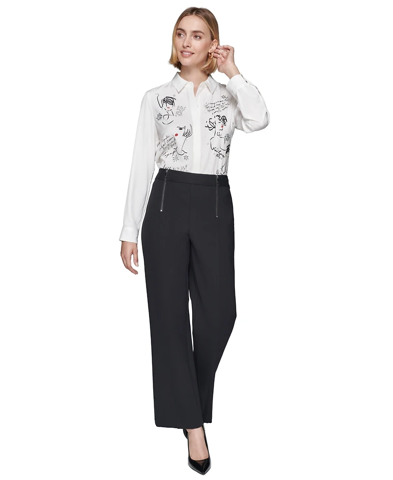 Karl Lagerfeld Paris Faux-Zipper Mid-Rise Straight-Leg Ponte Pants