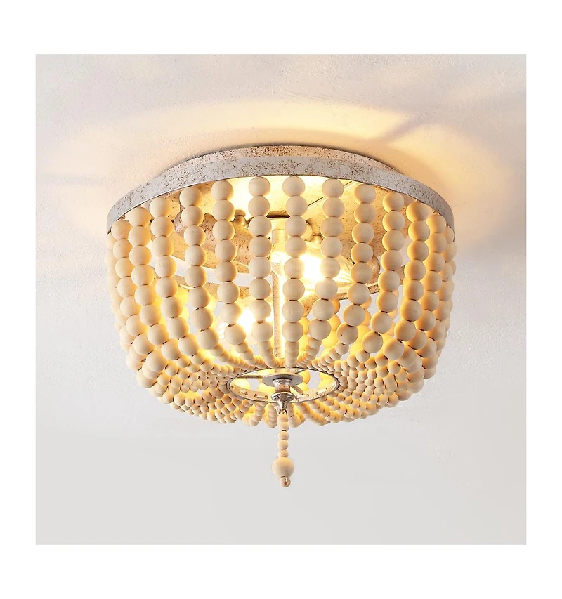 Jonathan Y Allison 10" 2-Light Shabby Chic Farmhouse Wood Beaded/Metal Led Flush Mount, White