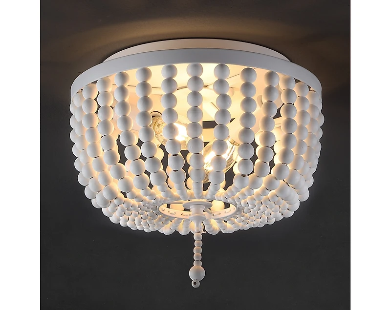 Jonathan Y Allison 10" 2-Light Shabby Chic Farmhouse Wood Beaded/Metal Led Flush Mount, White