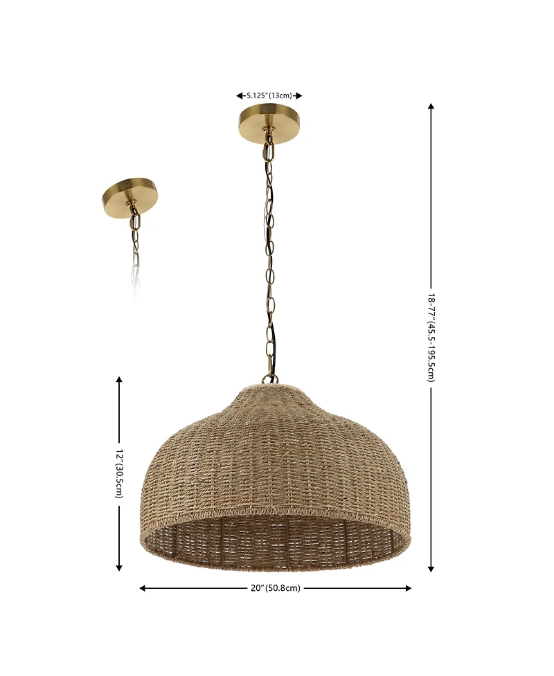 Jonathan Y Eliza 20" 1-Light Coastal Bohemian Rattan/Iron Dome Led Pendant, Brown/Brass Gold