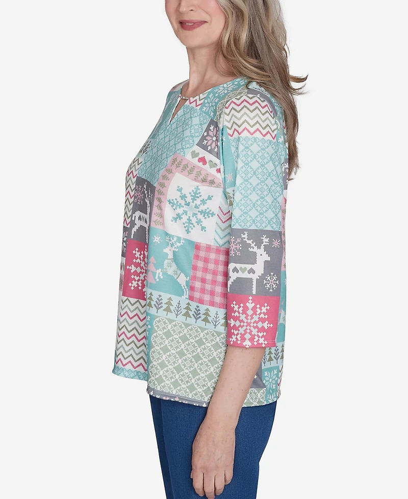 Alfred Dunner Petite Classics Reindeer Patch Work Top