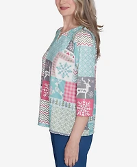Alfred Dunner Petite Classics Reindeer Patch Work Top