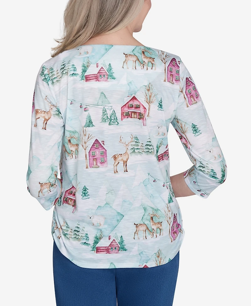 Alfred Dunner Petite Classics Triple Notch Neck Deer Village Top