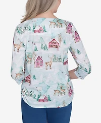 Alfred Dunner Petite Classics Triple Notch Neck Deer Village Top