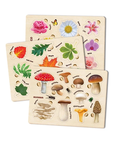 Quokka 3X Set Montessori Wooden Puzzles for Toddlers 2-4 – Mushrooms Flowers Leaves