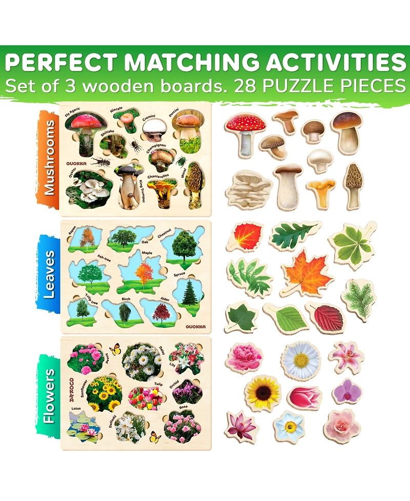 Quokka 3X Set Montessori Wooden Puzzles for Toddlers 2-4 – Mushrooms Flowers Leaves