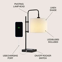 Jonathan Y Edris 24.75" Industrial Designer Metal Led Task Lamp with Usb Charging Port, Black