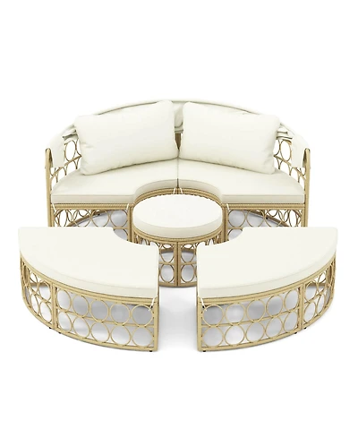 Outdoor Patio Round Daybed with Retractable Canopy Soft Cushions for Garden