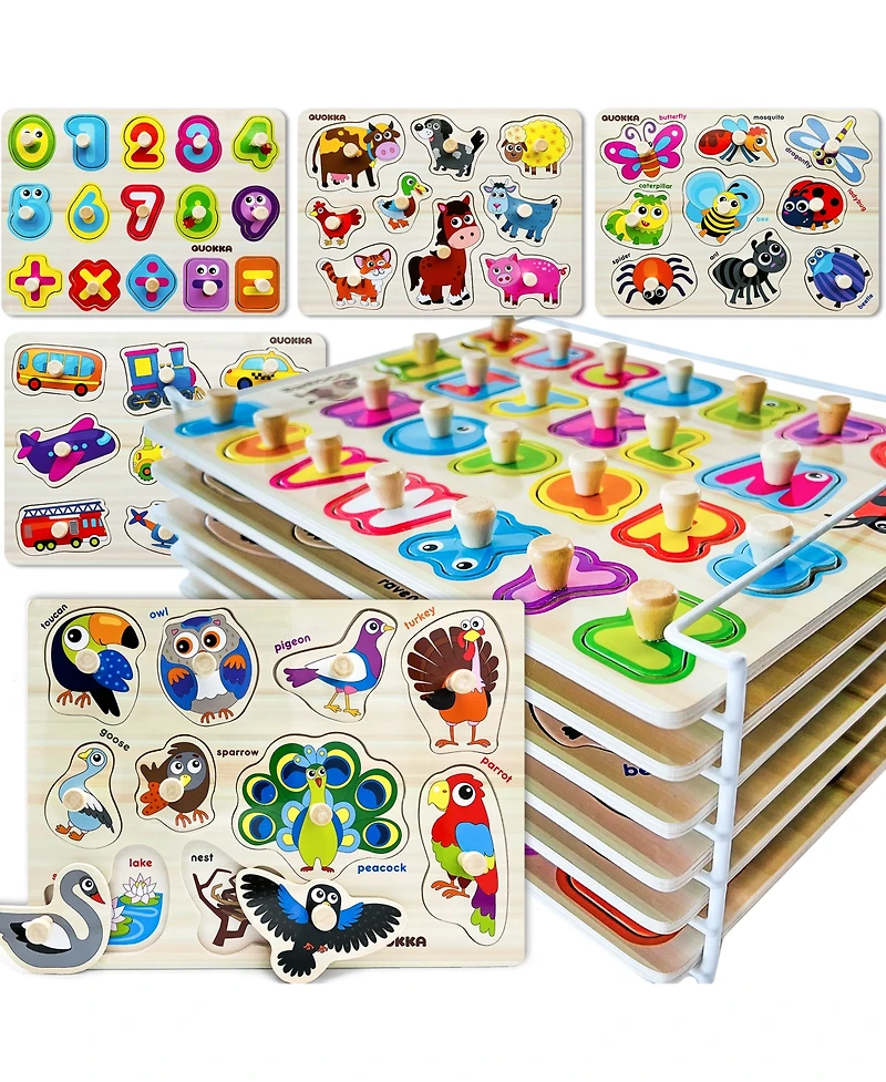 Quokka 6X Wooden Puzzles for Toddlers 1-3 with Rack - Alphabet, Numbers, Animals