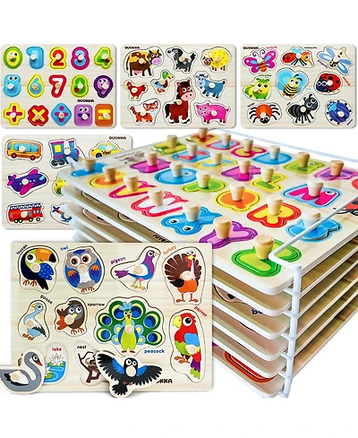 Quokka 6X Wooden Puzzles for Toddlers 1-3 with Rack - Alphabet, Numbers, Animals