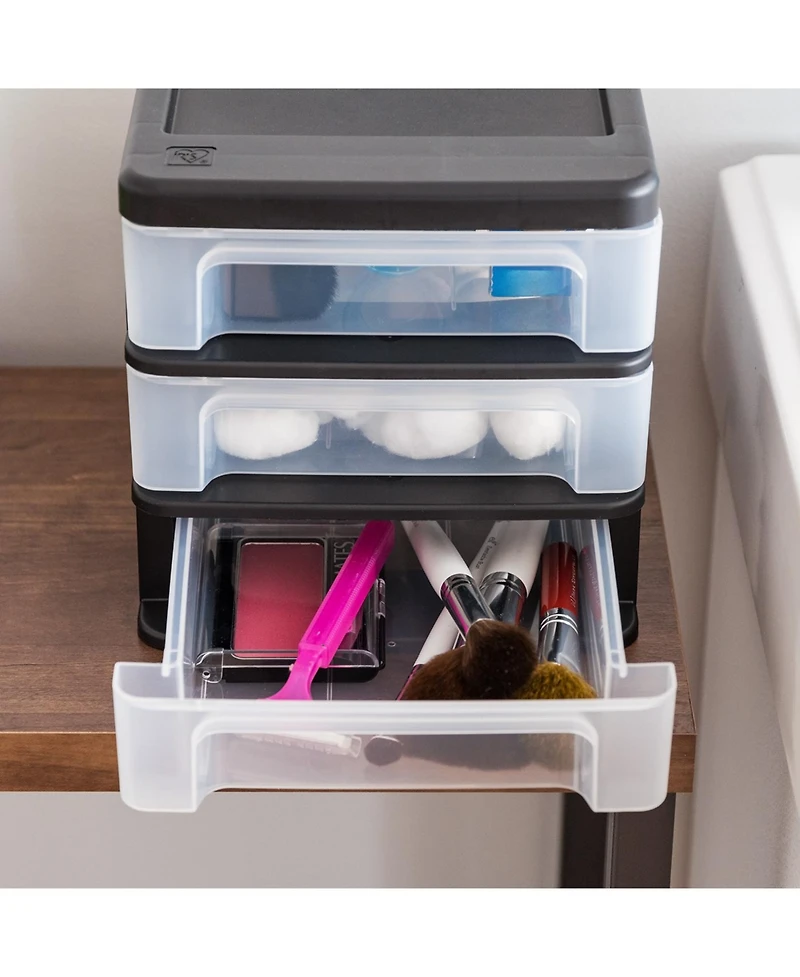 Iris Usa Small 3-Drawer Plastic Desktop Organizer, 2 Pack, Stackable Office School Stationery Makeup Bathroom Utility Medical Supplies, Black