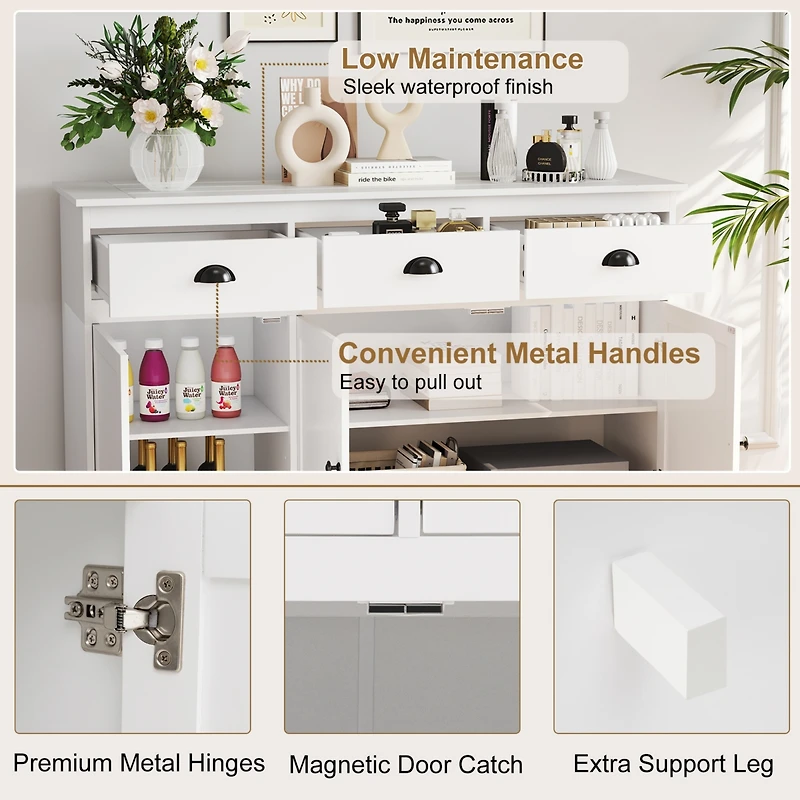 Gymax Modern Buffet Sideboard 53.5'' Storage Cabinet w/ 3 Drawers 3 Doors White